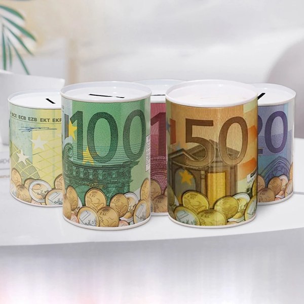 Tinplate Cylinder Piggy Bank Euro Dollar Bildlåda Hushåll Spara Pengar Låda Hem Dekoration Pengar Lådor 10