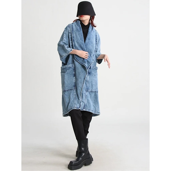 Twotwinstyle Solid Loose Casual Denim Frakke Til Kvinder Lapel Langærmet Patchwork Lomme Temperament Trench Kvinde Ny Mode Blue One Size