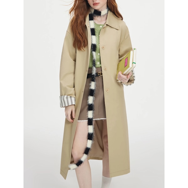 Fsle Single Breasted Trenchcoat til kvinder 2024 Ny koreansk version Design Sense Kontrasterende farve Medium lang jakke 24Fs13181 Beige L