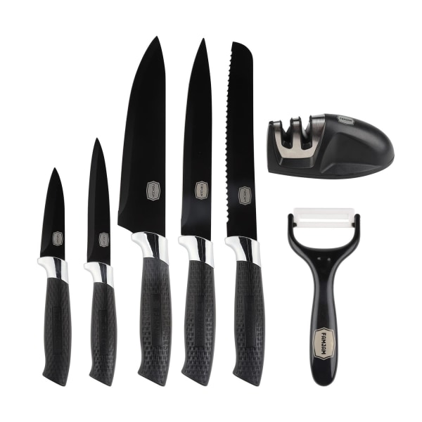 8 Delar Knivset med Ställ för Köket - Köksknivar Skalare och Kni Grey
