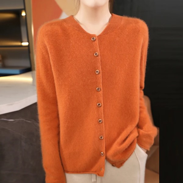 Ny Uld Cardigan Til Kvinder, V-Hals Stand Up Sweater, Løs Langærmet Jakke Rullede Kant Strik Trøje Alsidig Efterår Vinter Pumpkin color S