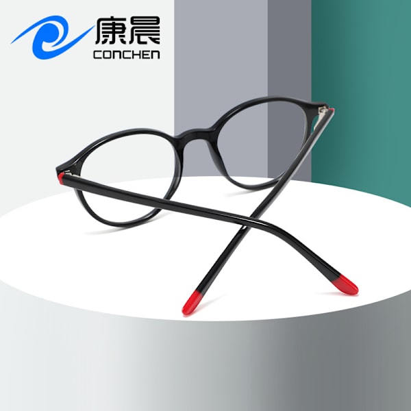 Uusi Retro Rice Nail Optiset Lasit Kehys Korkealaatuinen Sense Pyöreä Kehys Tavalliset Lasit Aste Myopia Tasaiset Lasit Kehys Tukku C1 Bright Black Frame/Red Toe Plank Material Frame
