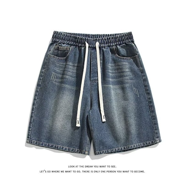 Denim Shorts, Herr Shorts, Sommaren Tunna Märke, Loose Leg American Trend, Mångsidiga Casual Fem-Point Byxor Retro Blue M