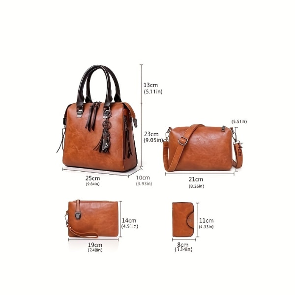 4st vintage handväskor set, tygväska för kvinnor med tofsdekor med crossbody-väska & clutchväska & korthållare Black