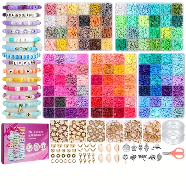 1 box gör-det-själv-lerpärlor set för att tillverka armband, färgglada platt cirkulära polymerlera distanser, svarta stenpärlor Bokstäverhänge och elastiska strängar 7200pcs