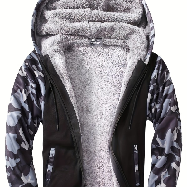 Camo Sherpa-fodrad huvjacka för män Casual långärmade huvtröjor med dragkedja Gym Sporthuvkappa för vinter höst Black XXL(54)
