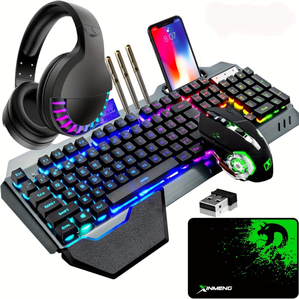 Trådlöst speltangentbord & mus & headset & musmatta set , 16 RGB bakgrundsbelyst uppladdningsbart tangentbord med handledsstöd Black RGB