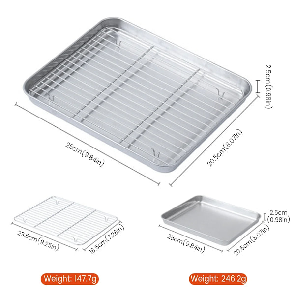 Stainless Steel Baking Pan Tray with Wire Rack Durable BBQ Kitchen Accessories for Even Heat Distribution and Food Presentation M 25x20.5x2.5cm