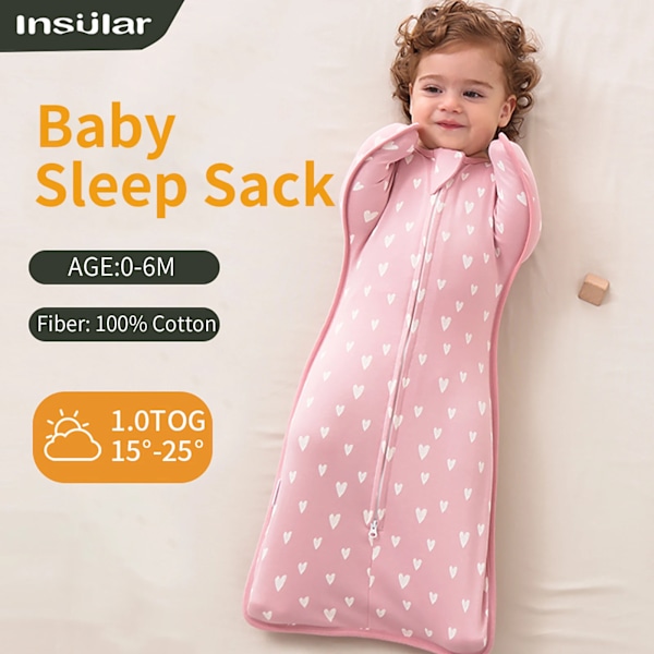 INSULAR Babysovpåse Nyfödd Baby Swaddle Sleeveless Sleep Sack Sommar Tunn Bomull Mjuk 2-vägs Dragkedja Blöjbyte Pink Heart 68cm