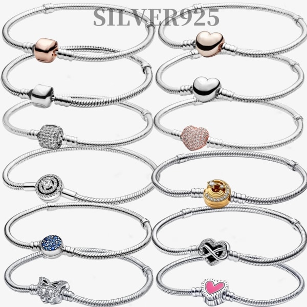 Klassiskt 925 Sterling Silver Dam Love Charms Armband Hjärta Hink Ormkedja Passar Original Design Pärlor DIY Armband Present Lemon yellow 17cm 6.69inch