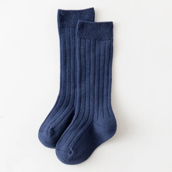 Nya Solid Baby Pojkar Flickor Knähöga Långa strumpor Bomull Andas Stripe Mjuk Barnstrumpa Barn Skoluniform Stripe Strumpor Dark Blue 3-5Years(L)