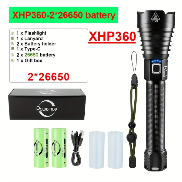 Hög lumen XHP360 LED-ficklampa Uppladdningsbar ficklampa USB Kraftfull taktisk blixtljus Zoombar jaktlykta IPX6 vattentät ficklampa