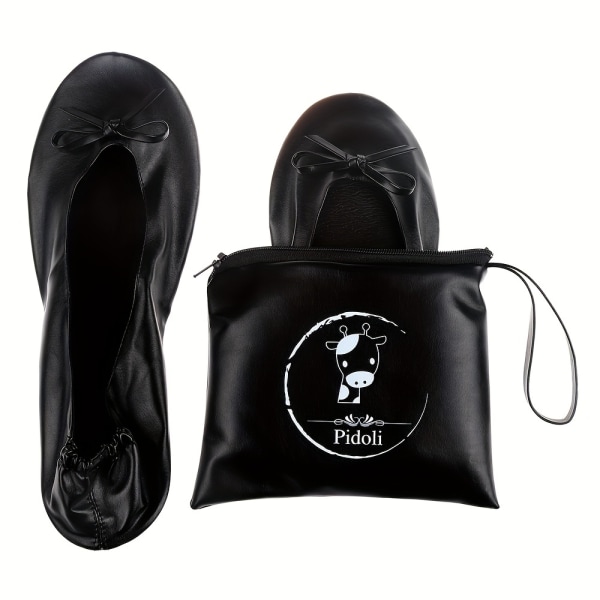 Bowknot Balett Flats för kvinnor, lätta och hopfällbara Slip On Roll Up-skor med påse Black CN39(EU38.5-39)