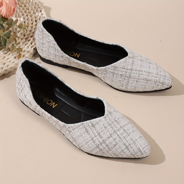 Balettkläder i tweed för kvinnor, mode med spetsig tå, mjuk sula Slip-on-skor, mångsidiga platta skor Beige White CN39(EU38.5-39)