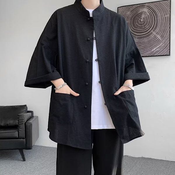 Kiinalainen tyyli keskipitkän hihan paita miehille kesä puuvilla ja pellava löysä Tang puku lyhythihainen uusi kiinalainen miesten pellavapusero White XL