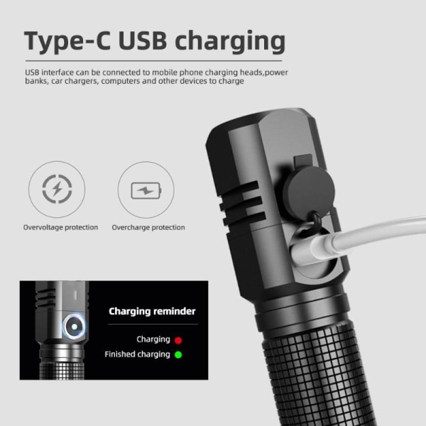 1st P50 LED USB C uppladdningsbar minificklampa, 8000lm kraftfull zoombar ficklampa, kan stängas av med ett klick, 3 lägen, Typ C-kabelladdning 2108 Short (No Battery)