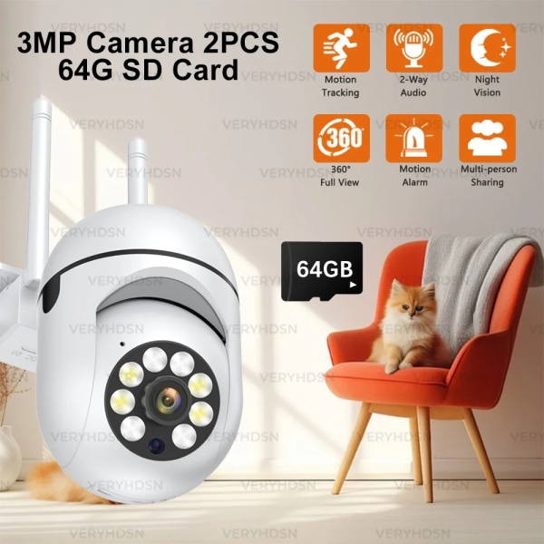 3MP Wifi IP-kamera HD Trådlös Säkerhetsövervakningskamera Utomhus 4X Digital Zoom Nattfärg AI Smart Tracking Tvåvägsljud UK Plug 2PCS-3MP-Camera-64G