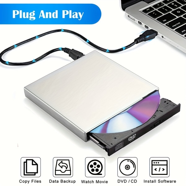 Extern CD DVD-enhet för bärbar dator, bärbar Slim USB 2.0 CD DVD-brännare, CD/DVD +/- RW ROM Optisk drivrutin för bärbar dator Support Windows 10/8.1/7 Silvery