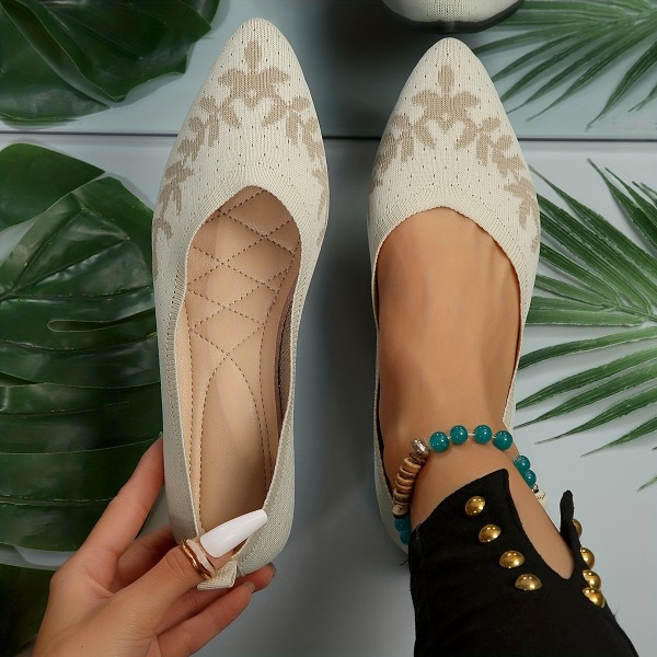 Platta skor med bladmönster för kvinnor, stickade slip-on-skor med spetsad tå, bekväma andningsbara balettskor Beige White CN245(EU38.5-39)