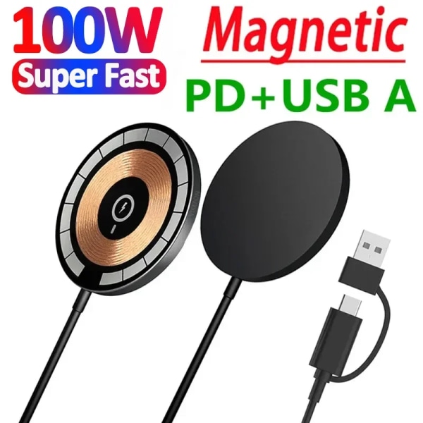 100W magnetisk trådlös laddningsplatta Telefonladdare för iPhone 15 14 13 Pro Max Airpods Bärbar Macsafe PD snabbladdningsstation Type C Only