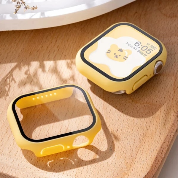 Härdat glas+ cover för Apple Watch Case Tillbehör 45 mm 41 mm 42 mm 38 mm PC- cover iWatch 6 5 4 se 44 mm 40 mm Yellow 22 Series 123 42MM