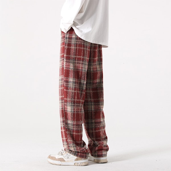 American Retro Plaid Byxor Mäns Höst Och Vinter Förtjockad Rakt Lös Mode Varumärke Drape Brett Ben Casual Byxor Tid Black M