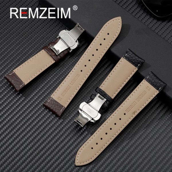 Litchi Grain Strap 18/20/22/24 mm Watch Armbandsurband i äkta mjukt läder med fjärilsspänne black(white line) 18mm