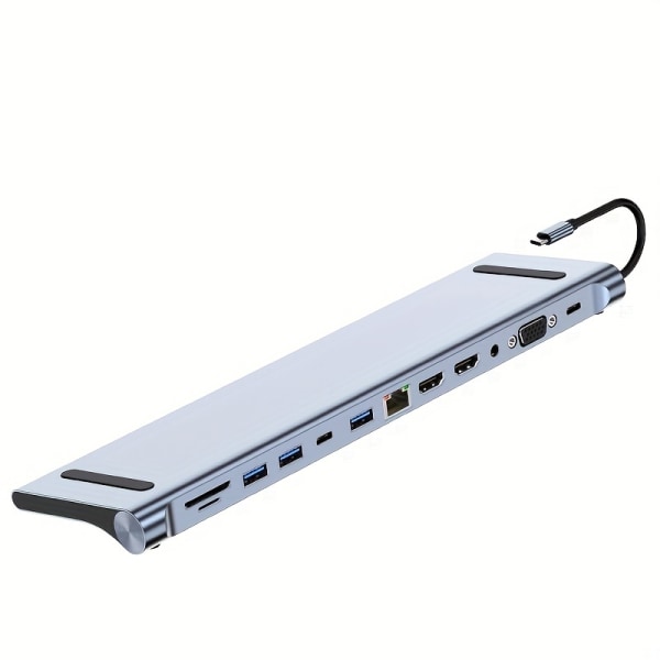 12-i-1 trippelskärms USB C-hubb med expansionsport USB3.0*1/USB2.0*3/HDMI*2/VGA*1/ 100 Mbit/s NIC *1/USB-C PD-laddning *1/TF *1 SD *1/ MacBook & Silver Gray