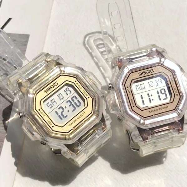 INS Harajuku Waterproof Premium Feel Klockor Casual Transparent Square Noctilucent Digitala elektroniska klockor för kvinnor gold