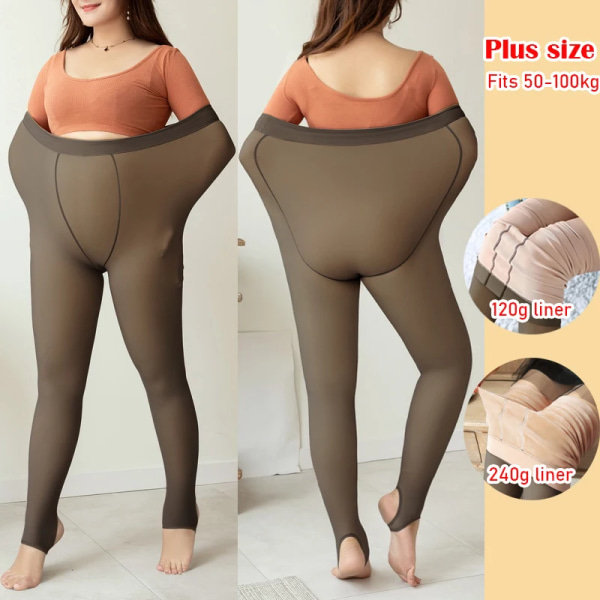 110KG Plus Size Vinter Fleece Leggings Dam Isolerade Tights Thermal Högelastisk Varm Fake Transparent Strumpbyxor black-half feet 240g thick