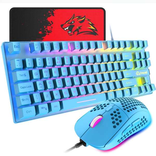 Brittisk mekanisk känsla TKL 80 % lysande tangentbord+6400 DPI Ultralätt honeycomb RGB bakgrundsbelyst PC-spelmus 6 programmerbara knappar+musmatta set Blue