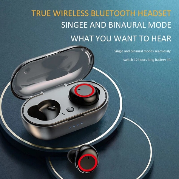 Y50 Bluetooth hörlurar Outdoor Sports Trådlöst Headset 5.0 med laddningsfack Power Display Touch Control Hörlurar Hörlurar Black
