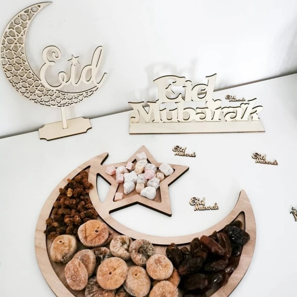 1 set Eid Mubarak trä vit bricka Moon Star liten bricka för Ramadan Kareem mathållare Al Adha islamiska muslimska festtillbehör Type K