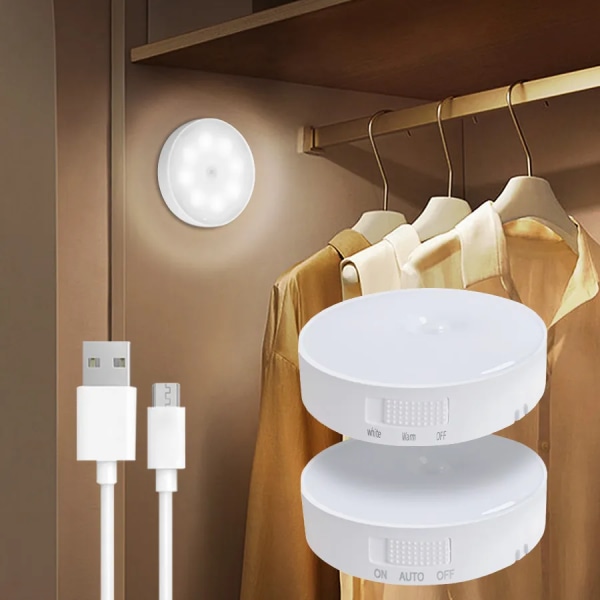 Uppladdningsbar LED-lampa under skåp Rörelsesensor Nattljus Smart lampa Trappar Garderob Köksbelysning Sovrumsinredning With Switch White