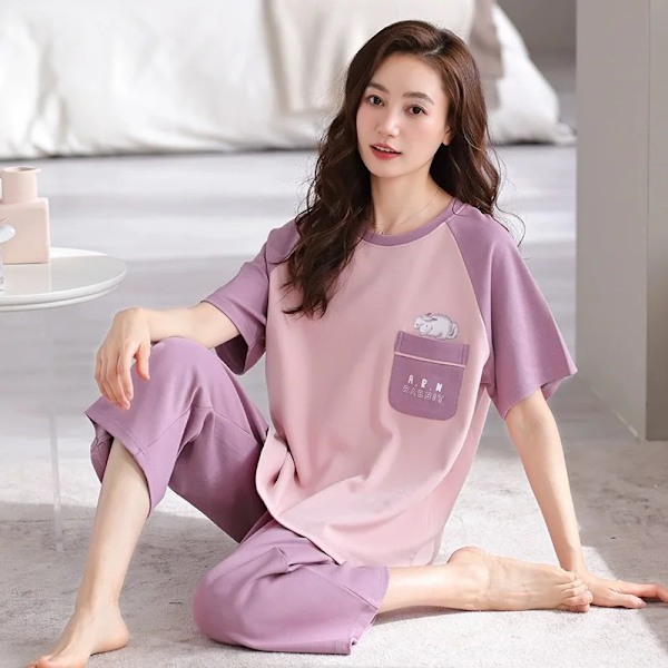 Sommer Damer Pyjamas Loungewear Sæt Teenager Student Nye Kortærmede Bukser Fed Damer Plus Størrelse Løs Loungewear Pink24-T2 XL