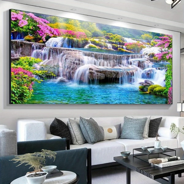 5D DIY stora diamond painting för vuxna, 15,7 x 35,4 tum/40 x 90 cm vattenfall runda fulla konstgjorda diamantkonstsatser bild efter antal satser för hemmet