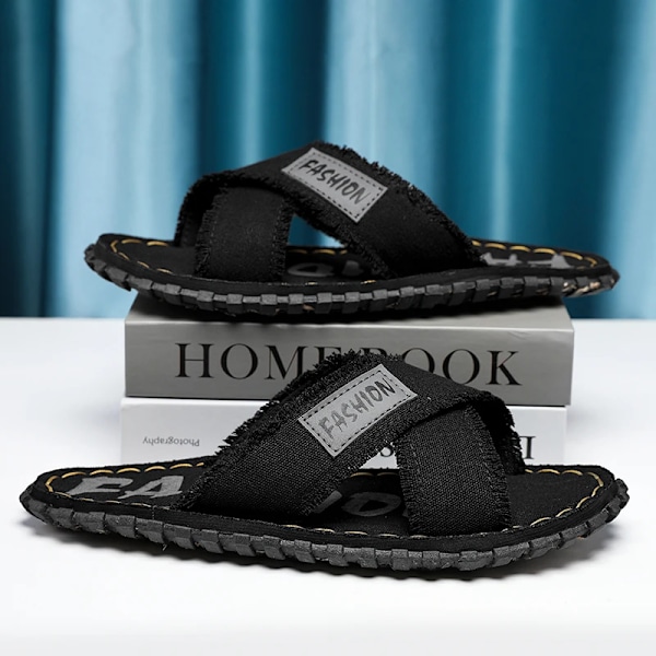 Män Sommaren Canvas Tofflor Mode Tyg Hem Mäns Tofflor Utomhus Gummi Platt Män Sandaler Casual Slides House Floor Toffpare Black 44