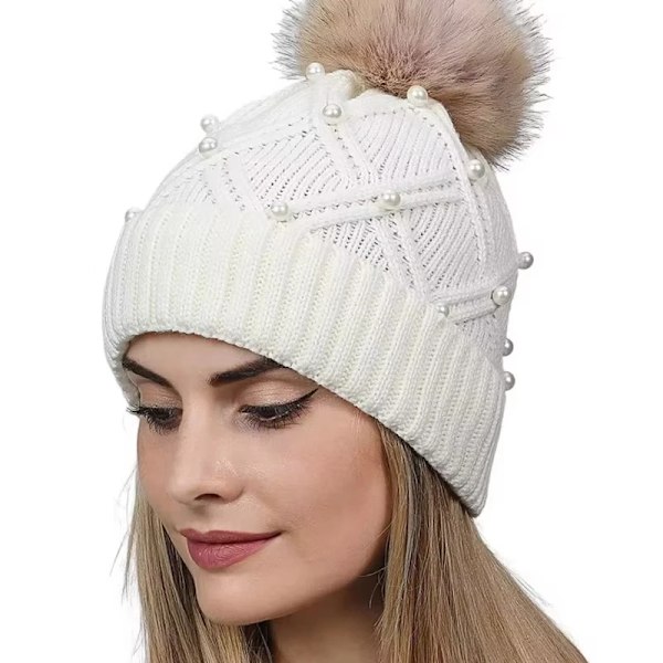 Ny vintermodehue til kvinder - Pong Ball Hat med perle- og diamantbesætning, strikket uld, casual, udendørs, varm hue white