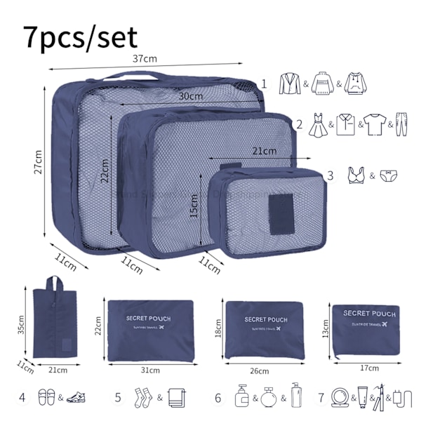 7/6-delt sæt Rejsetaske Organiseringsposer Bagagepakningskuber Til Rejse Opbevaringspung Stor Kapacitet Sko Tøj Organiser blue 7pcs set