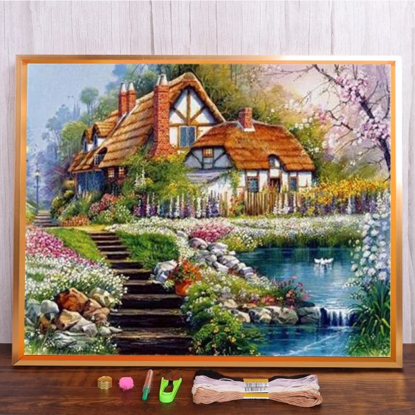 Landskap Korsstygnssatser Tecknade hus Stream Körsbärsträd Dröm Heminredning Målning Broderi Set DMC Printed Canvas HMA45565 40*50cm