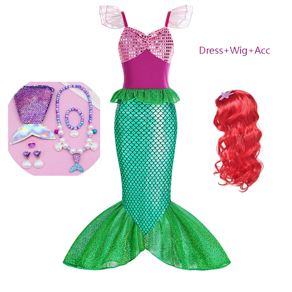 Lille Havfrue Princess Cosplay Sequin Bling Kjole Til Piger Fødselsdagsfest Halloween Børnetøj Kostume dress set 10 4T(120)