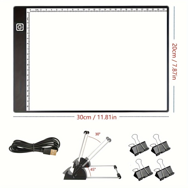 Bärbar A4 A3 LED Tracing Light Box med skala, Art Light Pad ljusbord med löstagbart stativ och 4 clips, justerbar ljusstyrka, USB power A4（19.99cm×30.0cm）