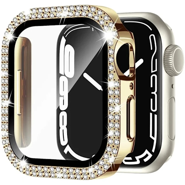 Glas- och Diamantfodral för Apple Watch 40mm 44mm 41mm 45mm 38mm 42mm Bling Bumper Skydd iWatch Serie 9 3 5 6 7 8 se fodral gold 41mm series 7 8 9