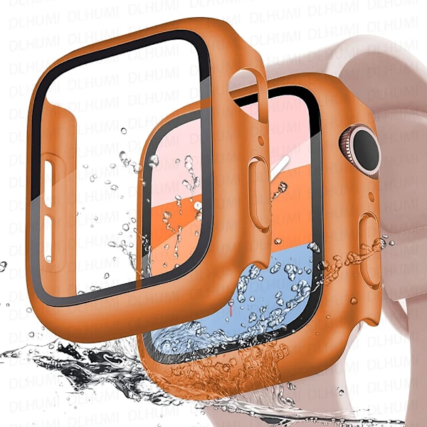 Hærdet Glas+cover til Apple Watch 41mm 45mm 44mm 40mm 42mm 38mm PC-bumper Skærmbeskytter Etui iWatch serie 6 5 4 se 7 8 9 orange Series456 SE 40MM