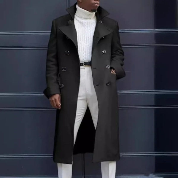 Herre Trenchcoat 2024 Forår Efterår Ny Koreansk Mode Slim Fit Dobbelt Brystfrakke Mid-Længde Urban Casual Casuale Uldfrakke black M