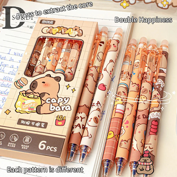 6Pcs Kawaii Capybara Gel Penna Svart Blå Bläck Snabbtorkande Söt Press Gel Pennor Estetiska Papperskolan Kontorsmateriel A1