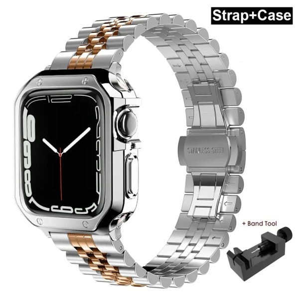 Case för Apple Watch i rostfritt stål för Apple Watch 38 mm 42 mm 40 mm 44 mm 41 mm 45 mm metallband för iWatch Series9 8 7 6 SE 5 4 3 2 1 Correa Silver Rose Set 45mm-Series 9 8 7