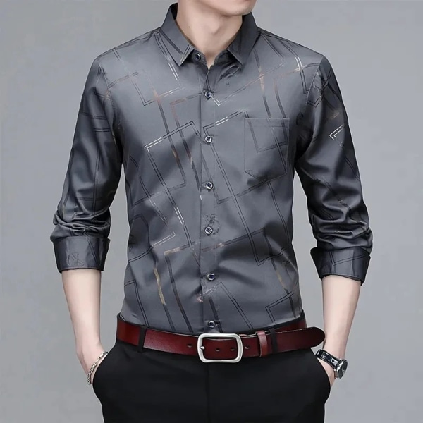 Casual och moderiktig långärmad printed skjorta för män, icke-stryknings- och rynkbeständig affärstopp GRAY XXL