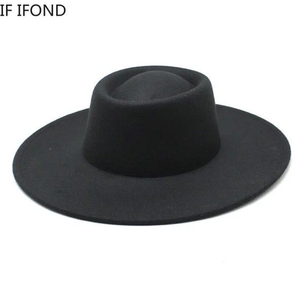 Klassisk brittisk stil 9,5 cm stor bred brättad Fedora-hatt för kvinnor mode höst vinter filt kyrkhattar Bröllopsklänning Cap Black 57-59CM