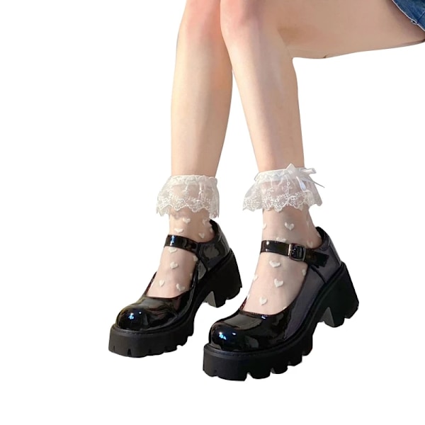 Kvinnor Lolita Transparent Mesh Besättningsstrålar Söt Ruffled Lace Trim Bowknot Söt Kärlek Hjärta Mönster Anime Prinsessa Hosier Y 5